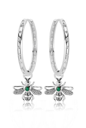 Valori Jewels Kraliçe Arı, Yeşil Ve Beyaz Swarovski Zirkon Taşlı, Gümüş Büyük Boy Still Halka Charm Küpe