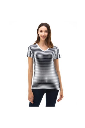 Nautica Kadın Standart Fit Lacivert Çizgili V-Yaka T-Shirt 05K303T