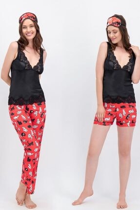Arnetta Crazy Cats Siyah Kırmızı Kadın Askılı Saten Pijama Takımı, Şort, Uyku Bandı 4 Lü Takım