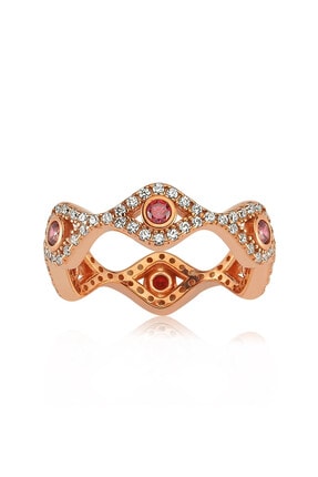Valori Jewels Mini Nazar Gözü, Swarovski Zirkon Kırmızı Ve Beyaz Taşlı, Rose Gümüş Tamtur Yüzük
