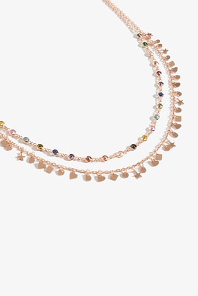 Lapidore Çift Sıralı Renkli Zirkon Taşlı Ve Pullu Rose Gold Kolye