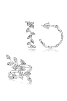 Valori Jewels Dönen Yaprak, Swarovski Zirkon Beyaz Taşlı, Gümüş Set