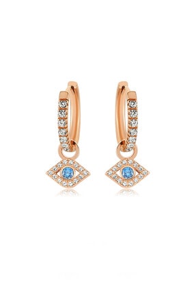 Valori Jewels Nazar Gözü, Swarovski Zirkon Mavi Ve Beyaz Taşlı, Rose Gümüş Küçük Boy Halka Charm Küpe