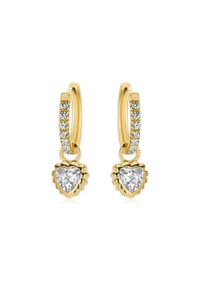 Valori Jewels Kalp, Swarovski Zirkon Beyaz Taşlı, Altın Rengi Gümüş Küçük Boy Halka Charm Küpe