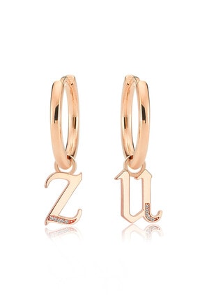 Valori Jewels Z Ve U Harfi, Swarovski Zirkon Taşlı, Rose Gümüş Orta Boy Taşsız Halka Charm Küpe
