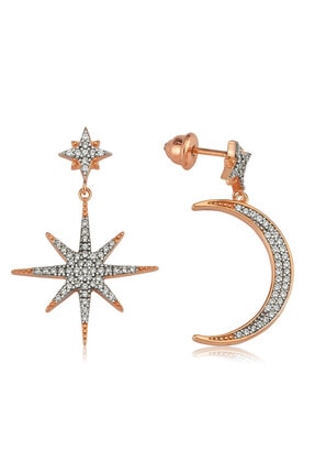 Valori Jewels Kutup Yıldızı Ve Ay, Swarovski Zirkon Beyaz Taşlı, Rose Gümüş Küpe