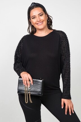 Womenice Kadın Siyah Kolları Şerit Tül Detaylı Büyük Beden Bluz