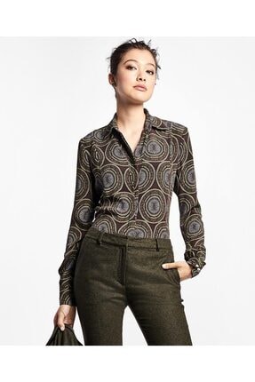Brooks Brothers Kadın Yeşil Ipek Krep Madalyon Baskılı Gömlek