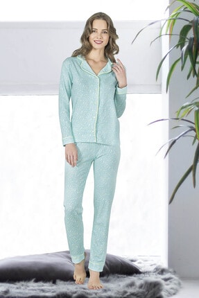 ÖZKAN underwear Özkan 25200 Kadın Pamuklu Uzun Kollu Düğmeli Manşetli Pijama Takımı