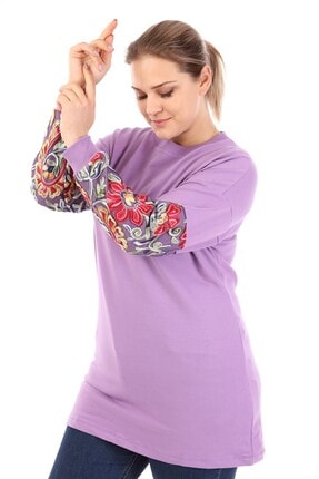 Big Free Kadın Lila Kol Tül Çiçek Nakışlı Sweatshirt Tb21kb051013