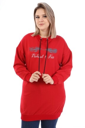 Big Free Kadın Kırmızı Kuş Tüyü Baskılı Sweatshirt Tb21kb051011