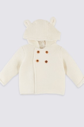 Marks & Spencer Unisex Bebek Krem Saf Pamuklu Kapüşonlu Örme Hırka