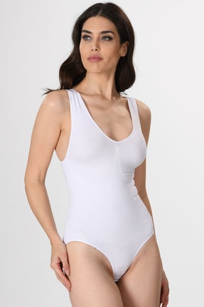 Miss Fit 1 Beden Küçülten Kalın Askılı Çıtçıtlı Kadın Body Korse 1904 Beyaz Örme Seamless Dikişsiz Soft