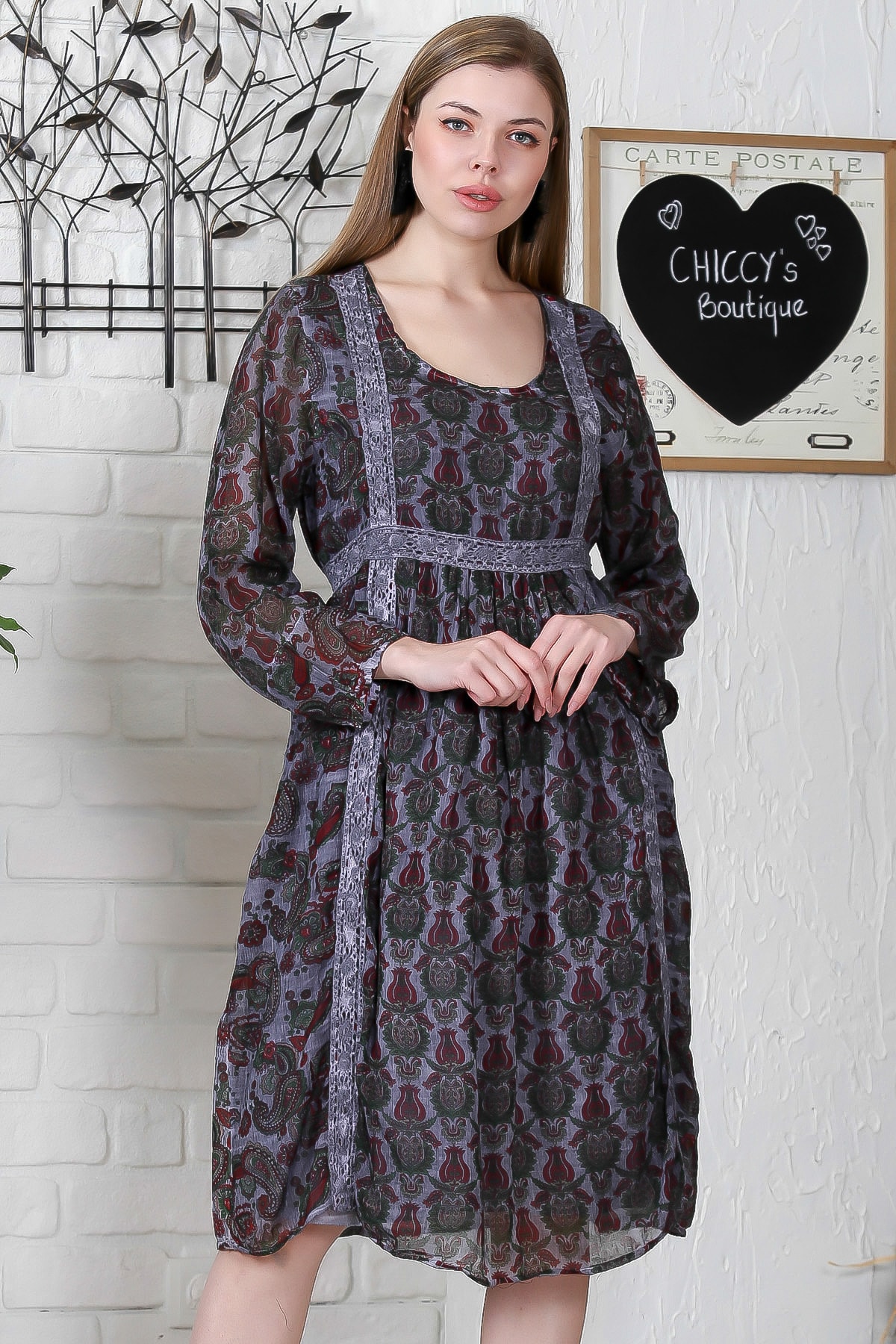 Chiccy Kadın Füme U Yaka Lale Desenli Kopanaki Detaylı Astarlı Yıkamalı Uzun Kol Elbise M10160000EL95265