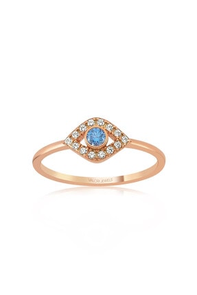 Valori Jewels Mini Nazar Gözü, Swarovski Zirkon Mavi Ve Beyaz Taşlı, Rose Gümüş Yüzük