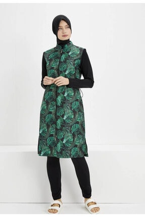 Haşema Tropikal-3906 Siyah Tropikal Desenli Tam Kapalı Tesettür Mayo H-2502-20