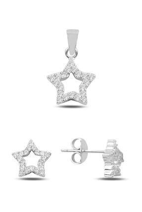 Silverella Gümüş 925 Ayar Zirkon Taşlı Yıldız Küpe & Kolye Ucu Set