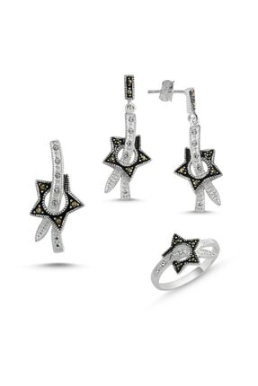 ZUK COLLECTİON Gümüş Markazit Taşlı Kolye Ucu, Küpe & Yüzük Set