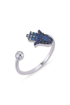 ZUK COLLECTİON Gümüş Mavi Tonlamalı Nano Taşlı Fatma Ana Eli Ayarlanabilir Yüzük
