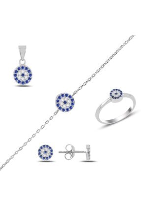 ZUK COLLECTİON Gümüş Sosyete Gözü Zirkon Taşlı Küpe, Kolye Ucu, Bileklik & Yüzük Set