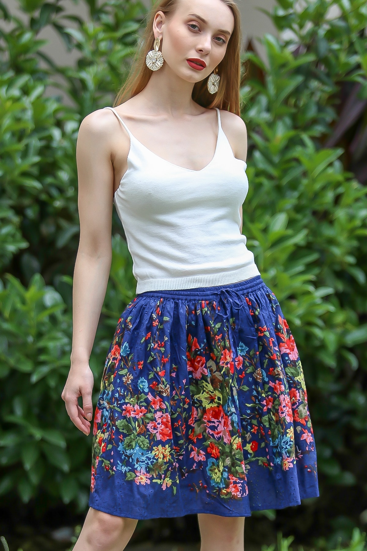 Chiccy Kadın Lacivert Vintage Fisto Romantik Çiçek Baskılı Etek M10110000Et99374