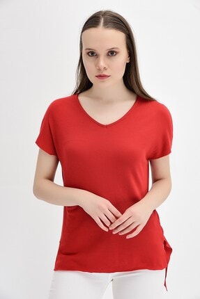 Cotton Mood Kadın Kırmızı Kaşkorse V Yaka Salaş Kısa Kol Bluz 9132735
