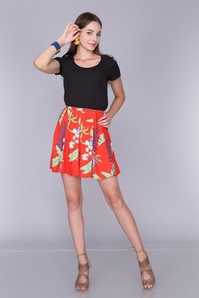 Cotton Mood Kadın Kırmızı Çıçeklı Viskon Desenli Parçalı Lastikli Kısa Etek 92814022
