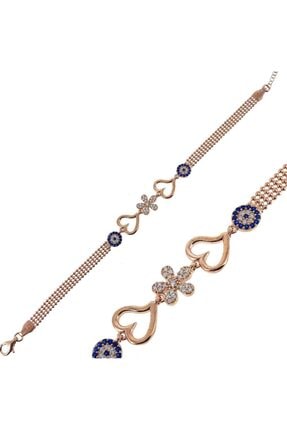 SilverPlus Zirkon Taşlı Rose Gümüş Çiçekli Kalp Kadın Bileklik