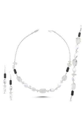ZUK COLLECTİON Gümüş Oniks Ve Kuvars Taşlı Kolye, Bileklik Ve Küpe Set