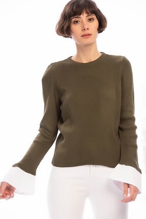 Cotton Mood 8506003 Ince Fitilli Kaşkorse Manşeti Garnili Uzun Kol Bluz Hakı