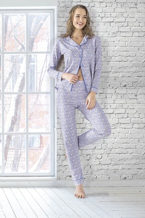 ÖZKAN underwear Özkan 25200 Kadın Pamuklu Uzun Kollu Düğmeli Manşetli Pijama Takımı