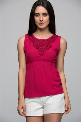 Cotton Mood 7250743 Şile Bezi Yaka Önü V Güpürlü Beli Gipeli Kolsuz Bluz Fusya