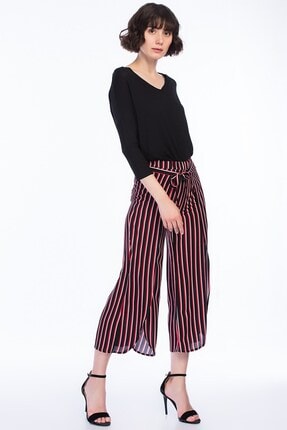 Cotton Mood 8231222 Viskon Dokuma Bağlamalı Pantolon Sıyah Kırmızı Çızgılı