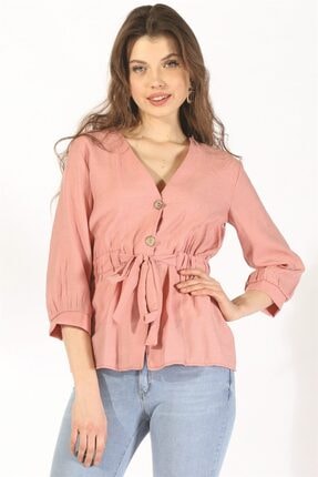 Twister Jeans Kadın Bluz Bayan Düğmeli Belden Bağlama Bluz 19078 Pudra