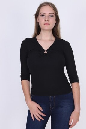 Cotton Mood 9362911 Kaşkorse Göğüs Ortası Halkalı Uzun Kol Bluz Sıyah