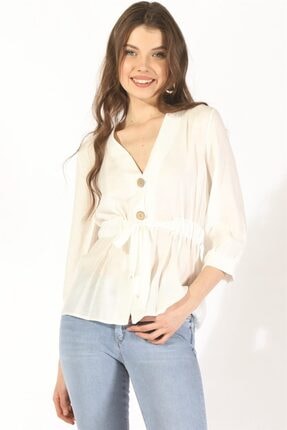 Twister Jeans Kadın Bluz Bayan Düğmeli Belden Bağlama Bluz 19078 Beyaz