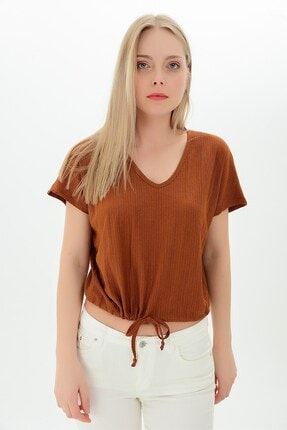 Cotton Mood 9112933 Raşel Eteği Kordonlu V Yaka Yarasa Kol Bluz Tarçın
