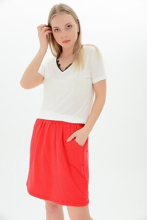 Cotton Mood 9111494 Süprem V Yaka Yakası Dantelli Kısa Kol Bluz Beyaz