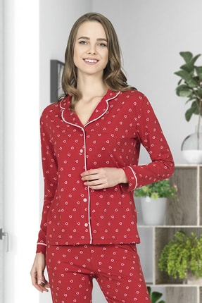 ÖZKAN underwear Özkan 25200 Kadın Pamuklu Uzun Kollu Düğmeli Manşetli Pijama Takımı