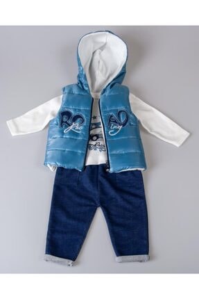 POKY BEBE Poky Kız Erkek Bebek 6-12 Ay Road Yazılı Yelek 3'lü Takım-489