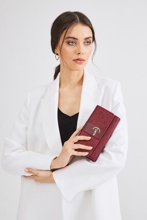 Deri Company Kadın Basic Cüzdan Monogram Desenli Logolu Bordo Siyah (8019b) 213004