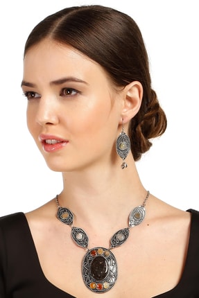 Rouge Kadın Doğal Taş Ve Osmanlı Motif Süslemeli Alpaka Kolye Küpe Set