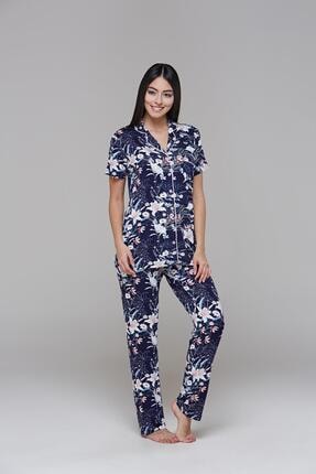 PJS PİJAMA 21555 Kadın Kısa Kollu Baskılı Düğmeli Pijama Takım