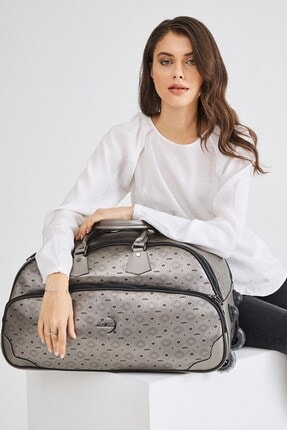 Deri Company Kadın Basic Valiz Monogram Desenli Çekçekli Gümüş Siyah (4023g) 214004