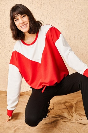 Bianco Lucci Kadın Kırmızı Çapraz Renk Bloklu Beli Ip Bağlamalı Sweatshirt