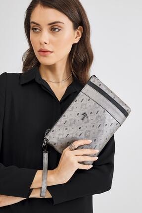 Deri Company Kadın Basic Clutch Çanta Monogram Desenli Şeritli Gümüş Siyah (4006g) 214012