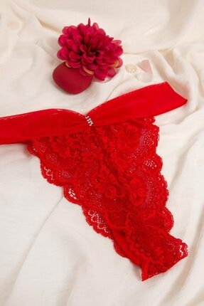 PrettyChic Kadın Kırmızı Dantelli Kuşak Kenarlı Taş Detaylı Brezilya Külot