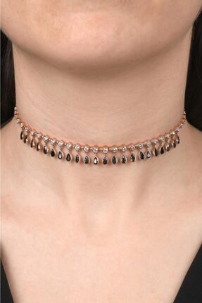 Coşar Silver Beyaz Taşlı Tohumlu Siyah Taşlı Damla Choker Kolye