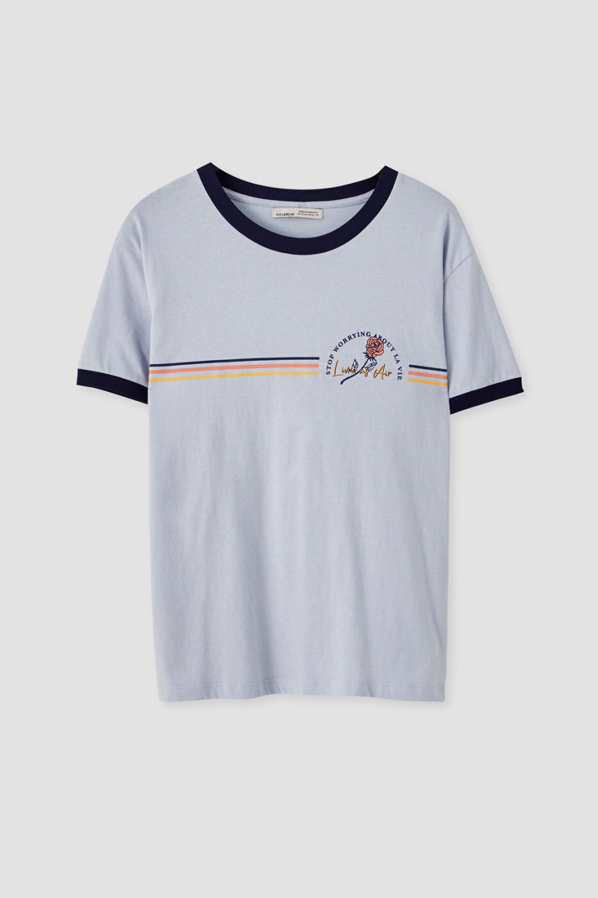 Pull & Bear Kadın Pastel Mavi Gökkuşağı Görselli Fitilli T-Shirt 05236383