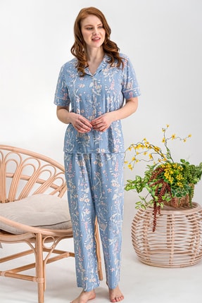 Arnetta Kadın Wild Flower Açık İndigo Büyük Beden Gömlek Pijama Takımı